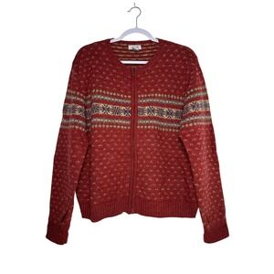 Skyr Vintage 100% Wool Red Fair Isle Full Zip Cardigan Sweater Large